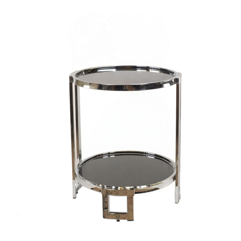 22" Silver Glass Round Mirrored End Table With Shelf