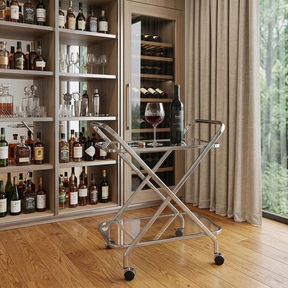 26" Silver Metal and Glass Rolling Bar Cart HomeRoots