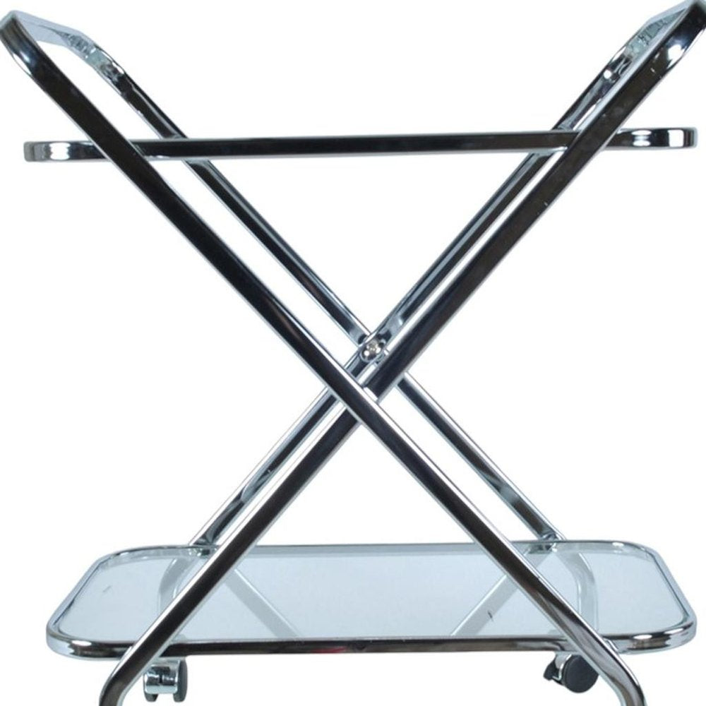 26" Silver Metal and Glass Rolling Bar Cart HomeRoots