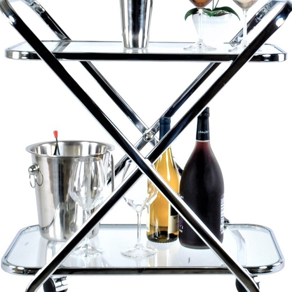 26" Silver Metal and Glass Rolling Bar Cart HomeRoots