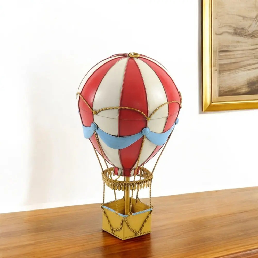 15" Red And White Metal Hand Painted Hot Air Balloon Tabletop Sculpture HomeRoots