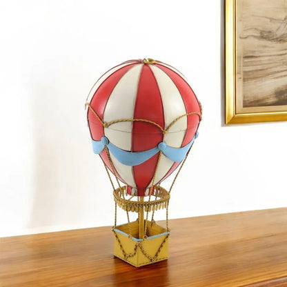 15" Red And White Metal Hand Painted Hot Air Balloon Tabletop Sculpture HomeRoots