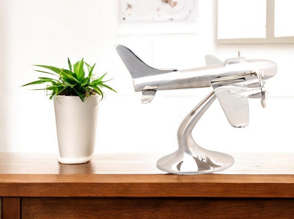 11" Nickel Metal Hand Painted Model Airplane Tabletop Sculpture HomeRoots