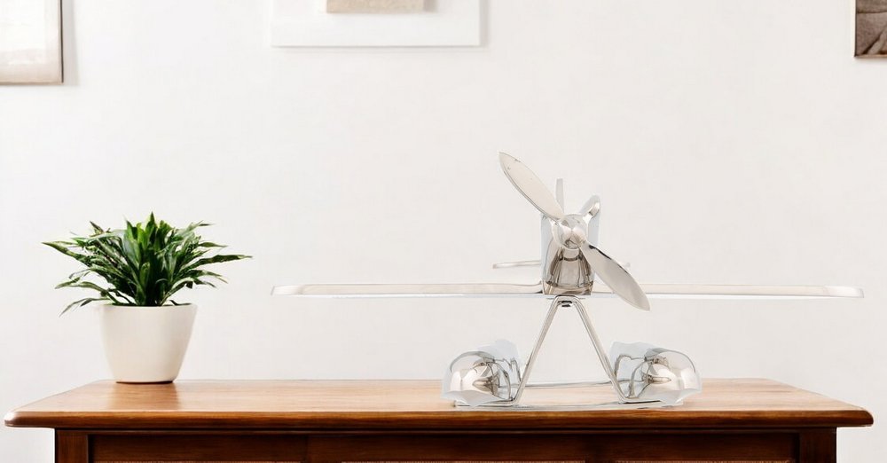7" Nickel Metal Hand Painted Model Airplane Tabletop Sculpture HomeRoots