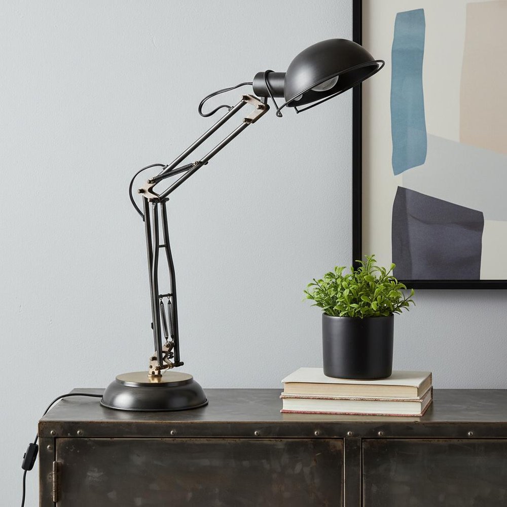 33" Black Metal Desk Table Lamp With Black Bowl Shade HomeRoots