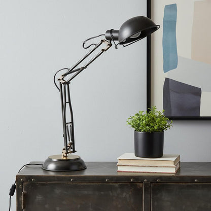 33" Black Metal Desk Table Lamp With Black Bowl Shade HomeRoots
