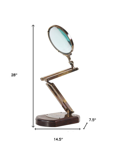 7.5" X 14.5" X 28" Brass Big Magnifier Glass With Wooden Base