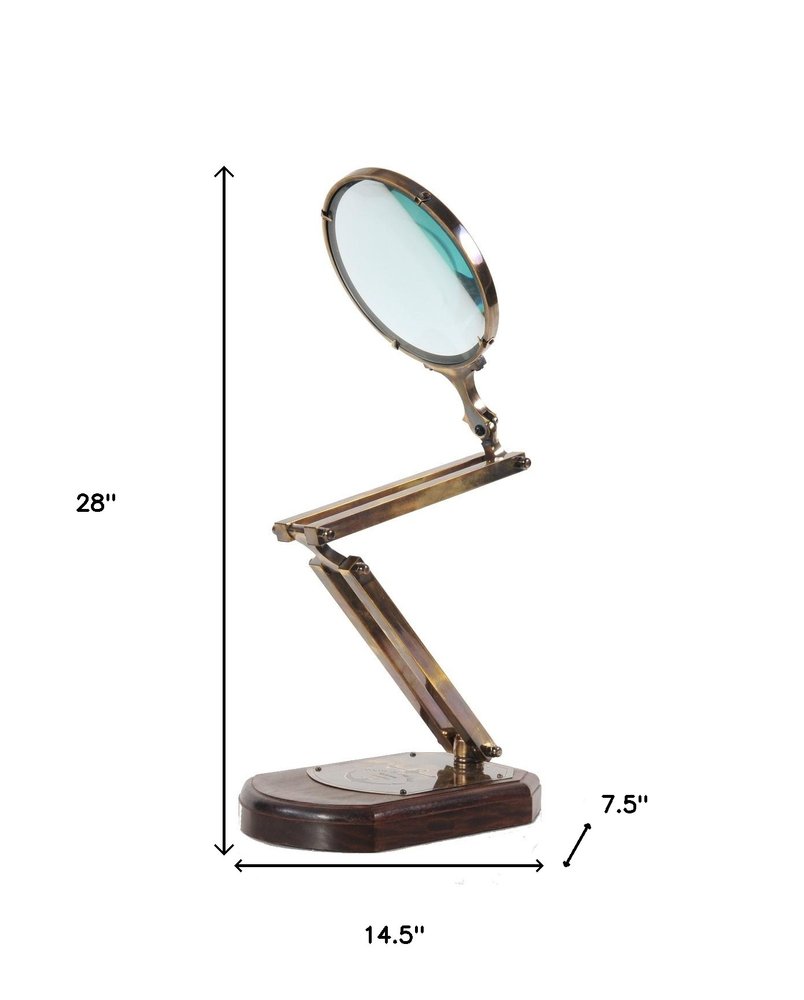 7.5" X 14.5" X 28" Brass Big Magnifier Glass With Wooden Base HomeRoots