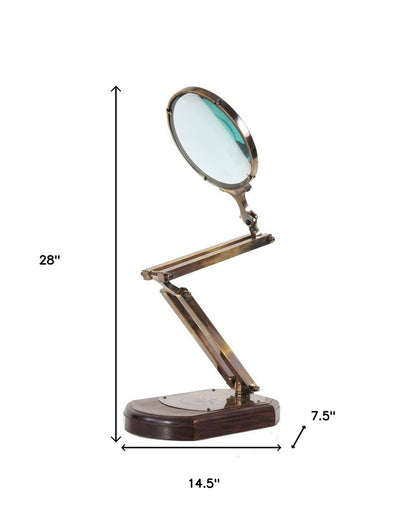 7.5" X 14.5" X 28" Brass Big Magnifier Glass With Wooden Base HomeRoots