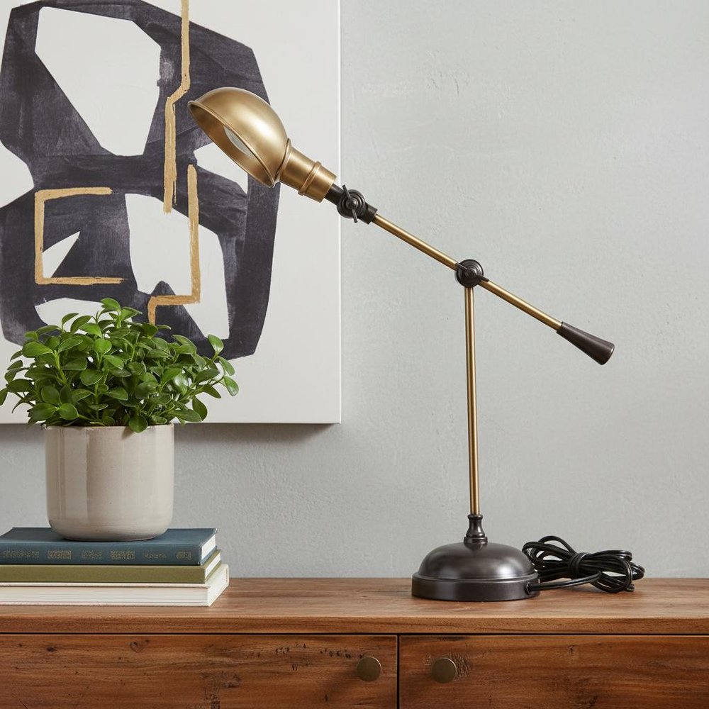 20" Black Metal Adjustable Desk Table Lamp With Gold Bowl Shade HomeRoots