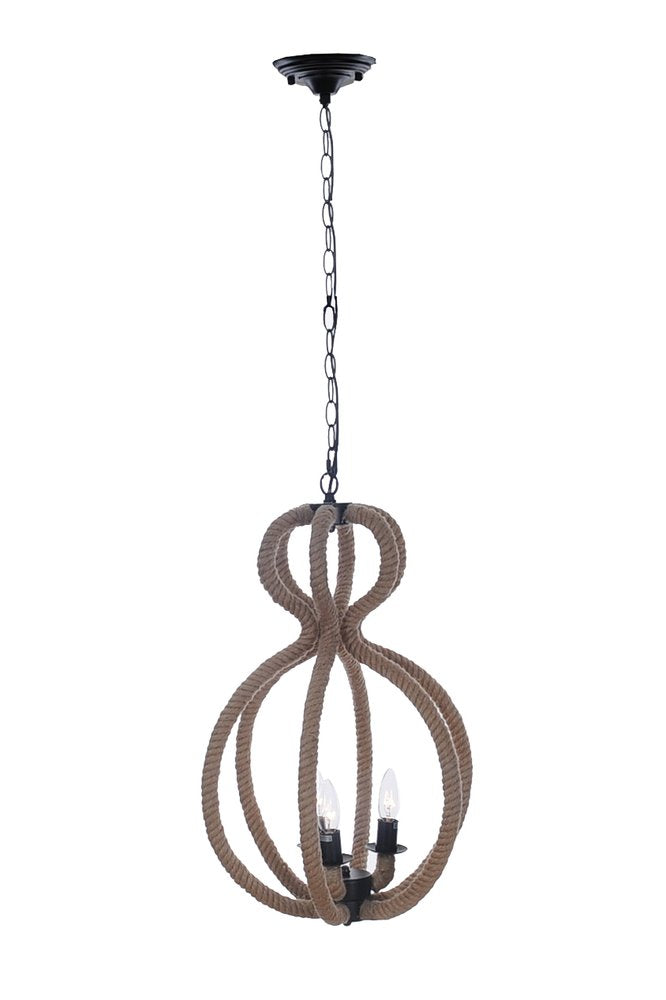 Natural and Black Iron and Rope Three Light Ceiling Light — view 1