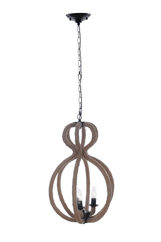 Natural and Black Iron and Rope Three Light Ceiling Light HomeRoots