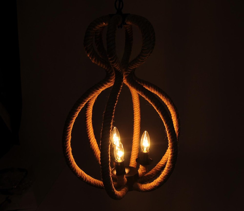 Natural and Black Iron and Rope Three Light Ceiling Light — view 4