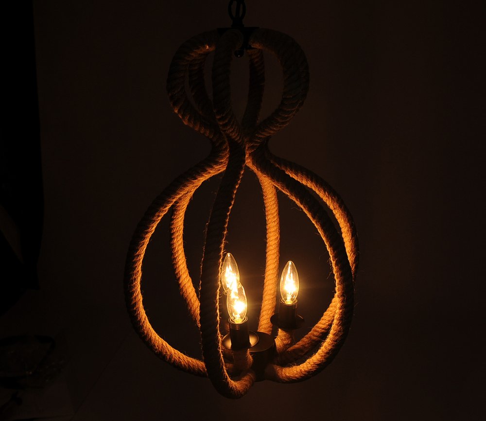 Natural and Black Iron and Rope Three Light Ceiling Light HomeRoots