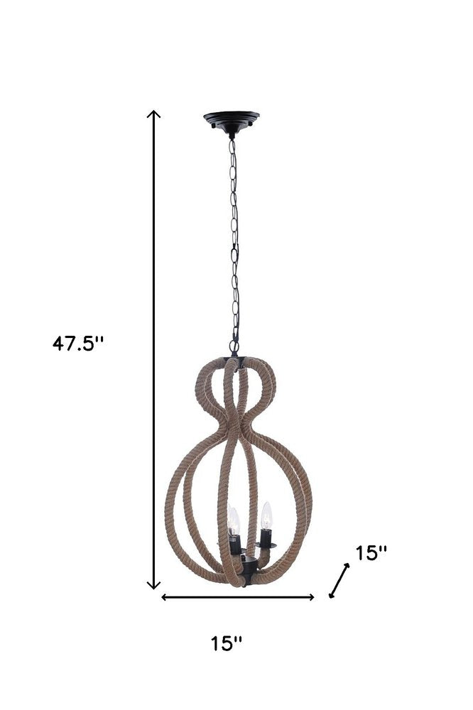 Natural and Black Iron and Rope Three Light Ceiling Light — view 5