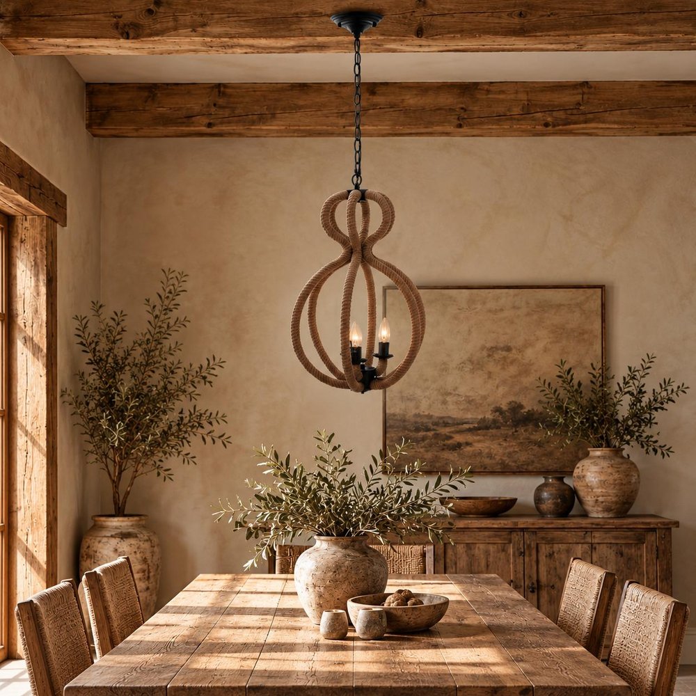 Natural and Black Iron and Rope Three Light Ceiling Light — view 10