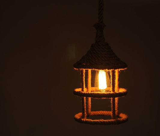 Beige and Black Iron and Rope Ceiling Light HomeRoots