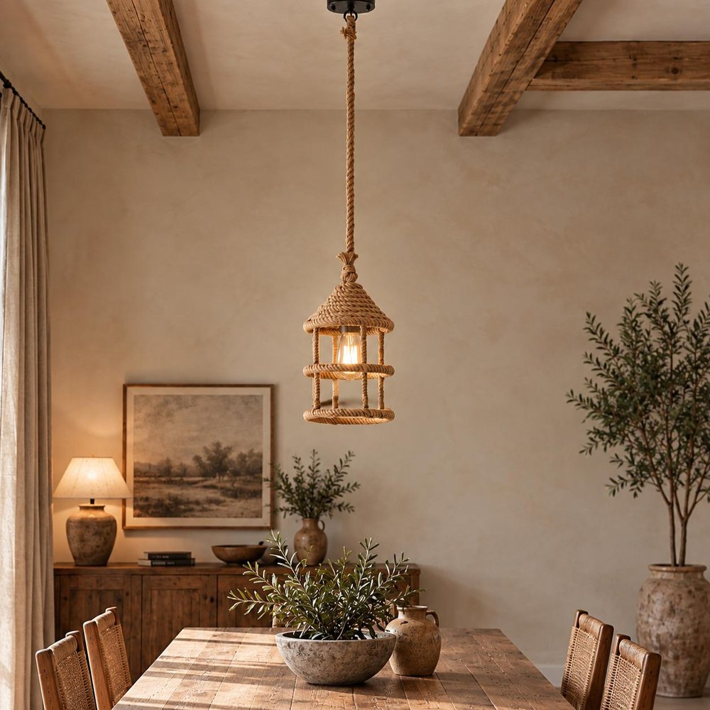 Beige and Black Iron and Rope Ceiling Light — view 10