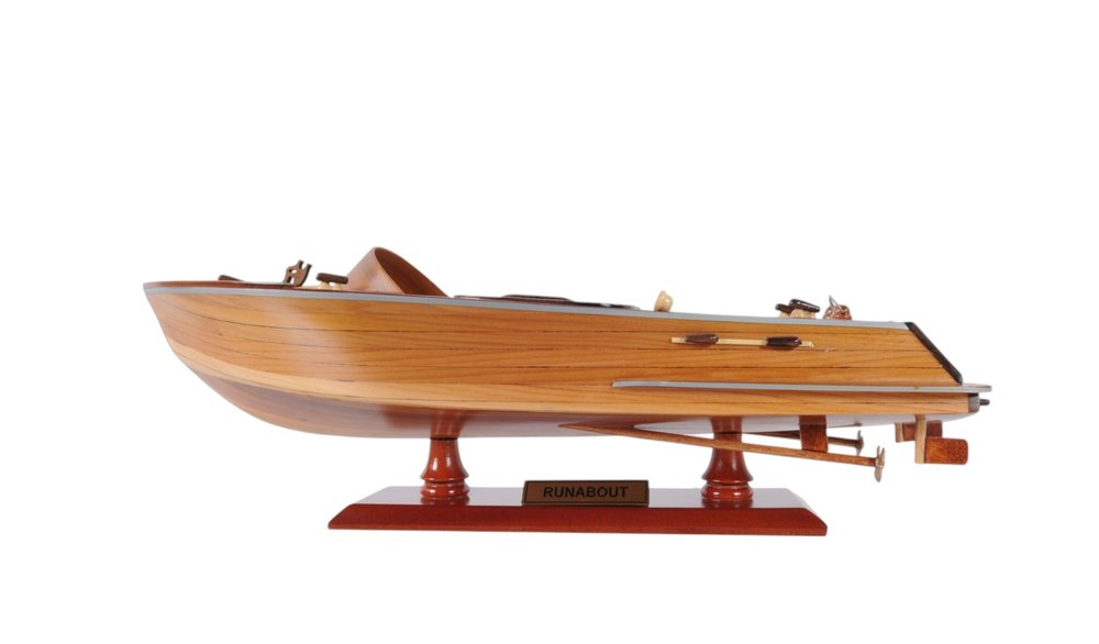 16" Brown Solid Wood Hand Painted Runabout Canoe Model Boat — view 6