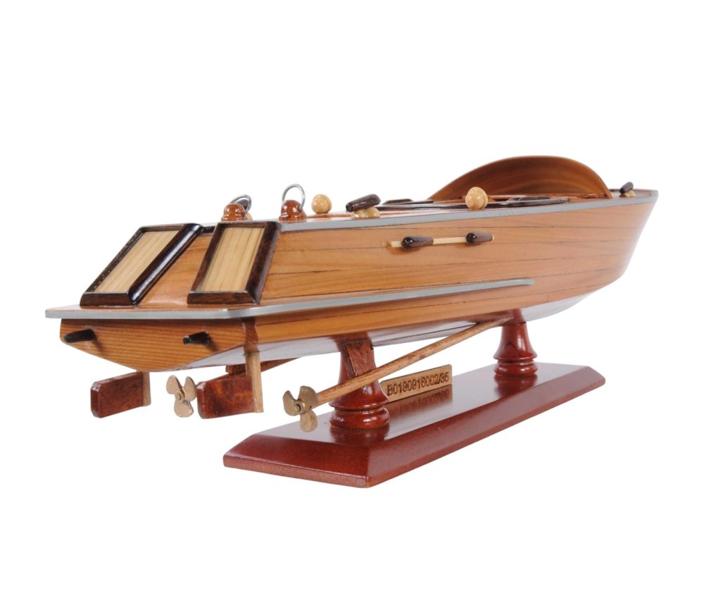 16" Brown Solid Wood Hand Painted Runabout Canoe Model Boat — view 9