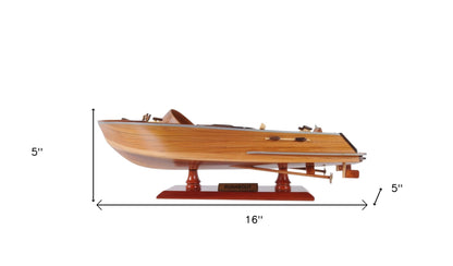 16" Brown Solid Wood Hand Painted Runabout Canoe Model Boat