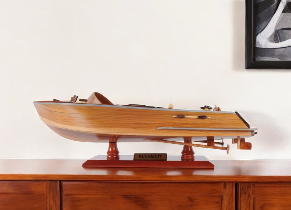 16" Brown Solid Wood Hand Painted Runabout Canoe Model Boat HomeRoots