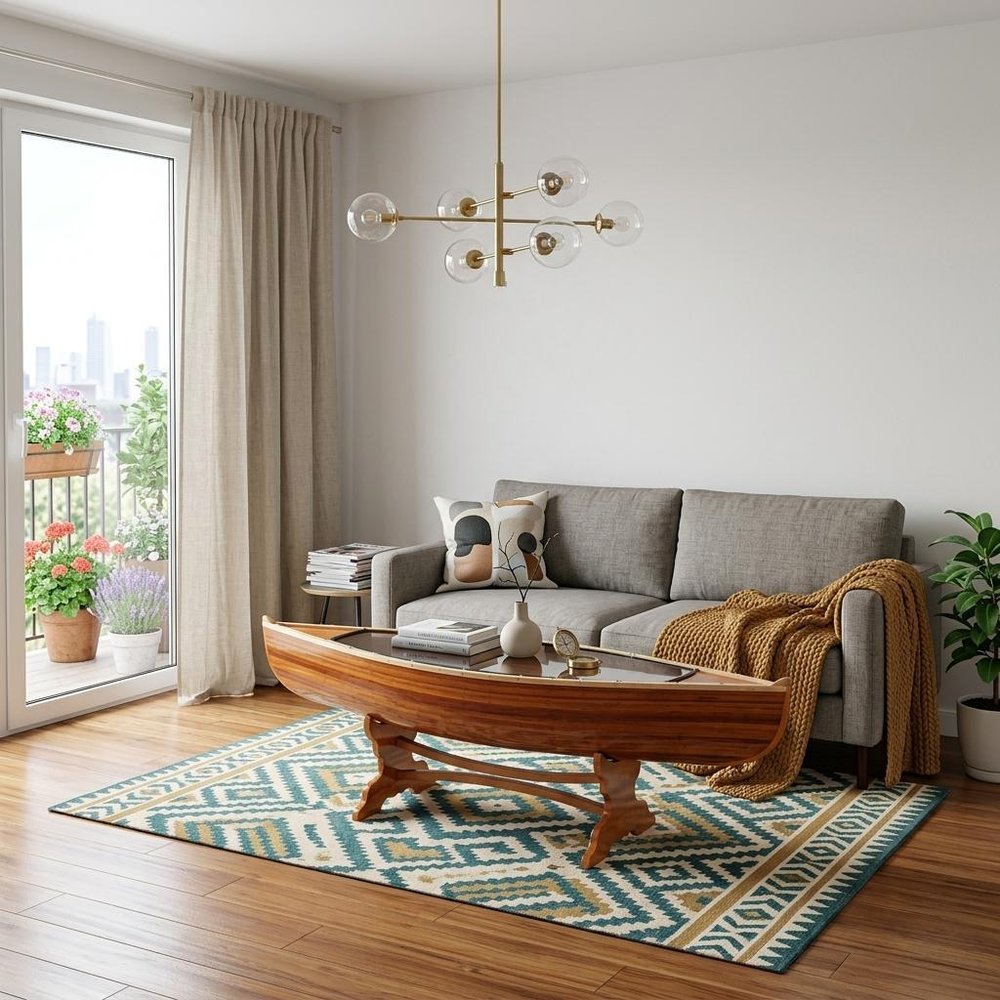 Natural Solid Wood and Glass Canoe Coffee Table — view 1