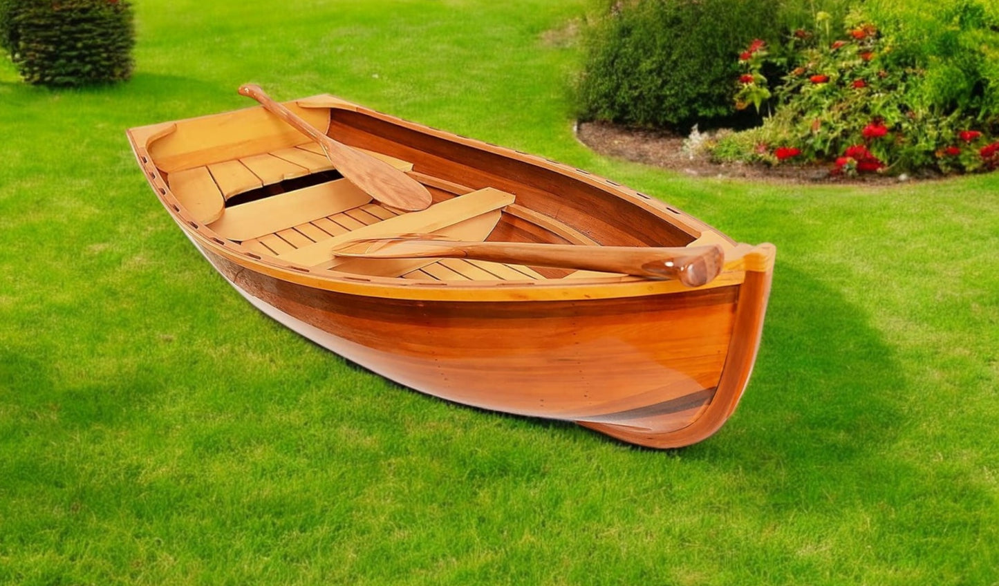 15" Wood Brown Solid Wood Hand Painted Model Boat Tabletop Sculpture