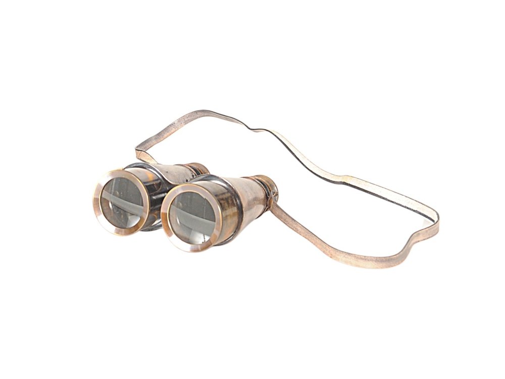 Rustic Brass And Leather Binoculars In Wood Storage Box — view 2