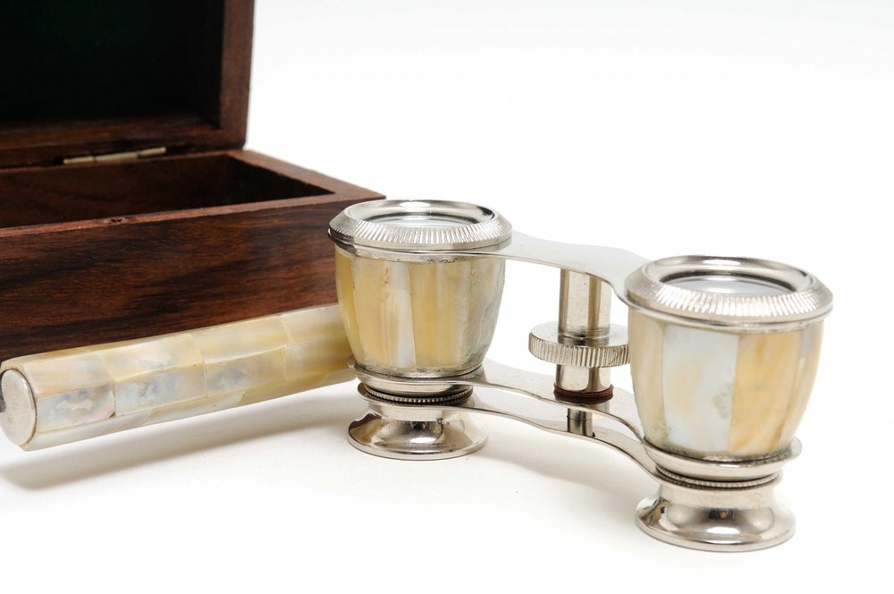 Elegant Mother Of Pearl Opera Glasses In Wood Storage Box HomeRoots
