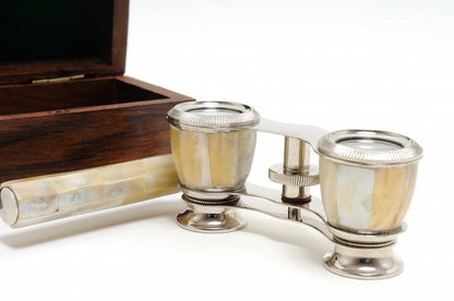 Elegant Mother Of Pearl Opera Glasses In Wood Storage Box HomeRoots