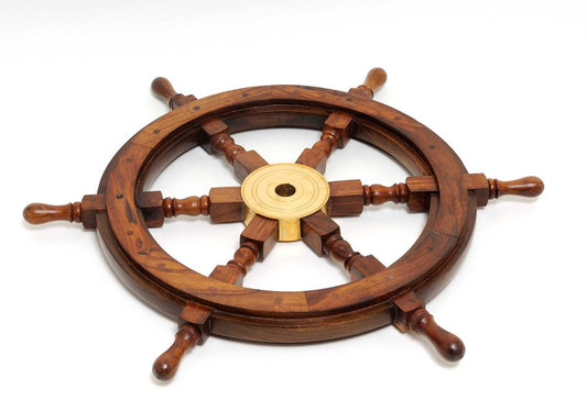 24" Brown Solid Wood And Brass Ships Wheel Hanging Dimensional Sculpture HomeRoots