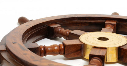 24" Brown Solid Wood And Brass Ships Wheel Hanging Dimensional Sculpture HomeRoots