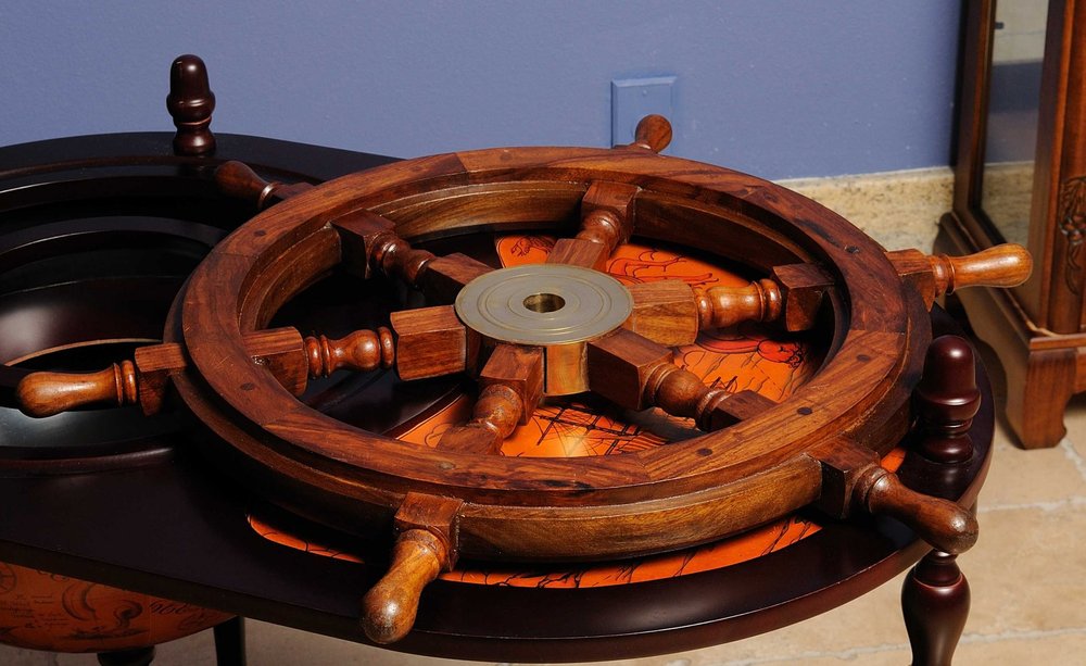 24" Brown Solid Wood And Brass Ships Wheel Hanging Dimensional Sculpture HomeRoots