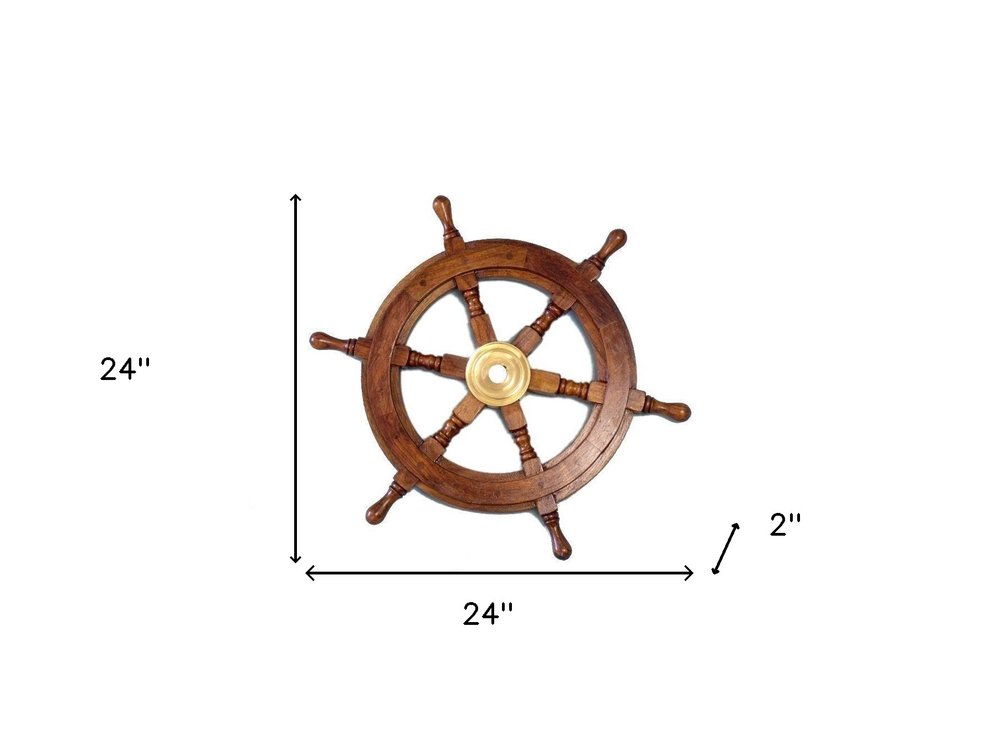 24" Brown Solid Wood And Brass Ships Wheel Hanging Dimensional Sculpture HomeRoots