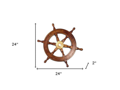 24" Brown Solid Wood And Brass Ships Wheel Hanging Dimensional Sculpture HomeRoots