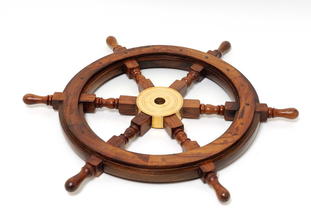 24" Brown Solid Wood And Brass Ships Wheel Hanging Dimensional Sculpture HomeRoots