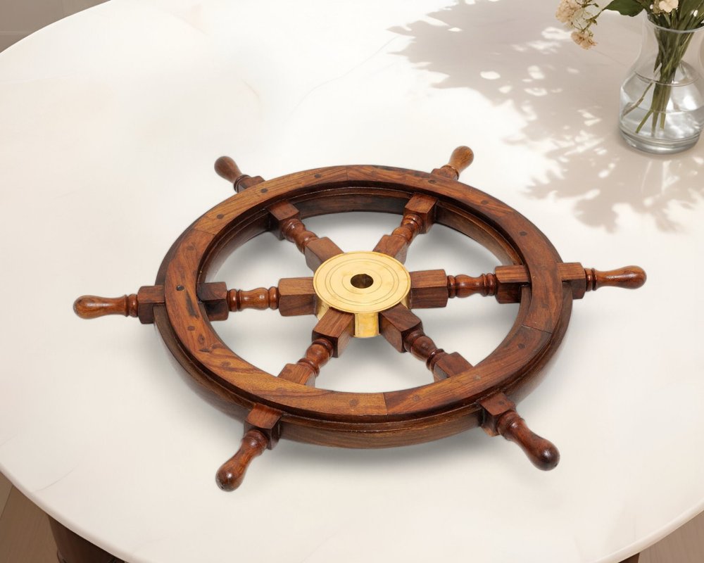 24" Brown Solid Wood And Brass Ships Wheel Hanging Dimensional Sculpture HomeRoots