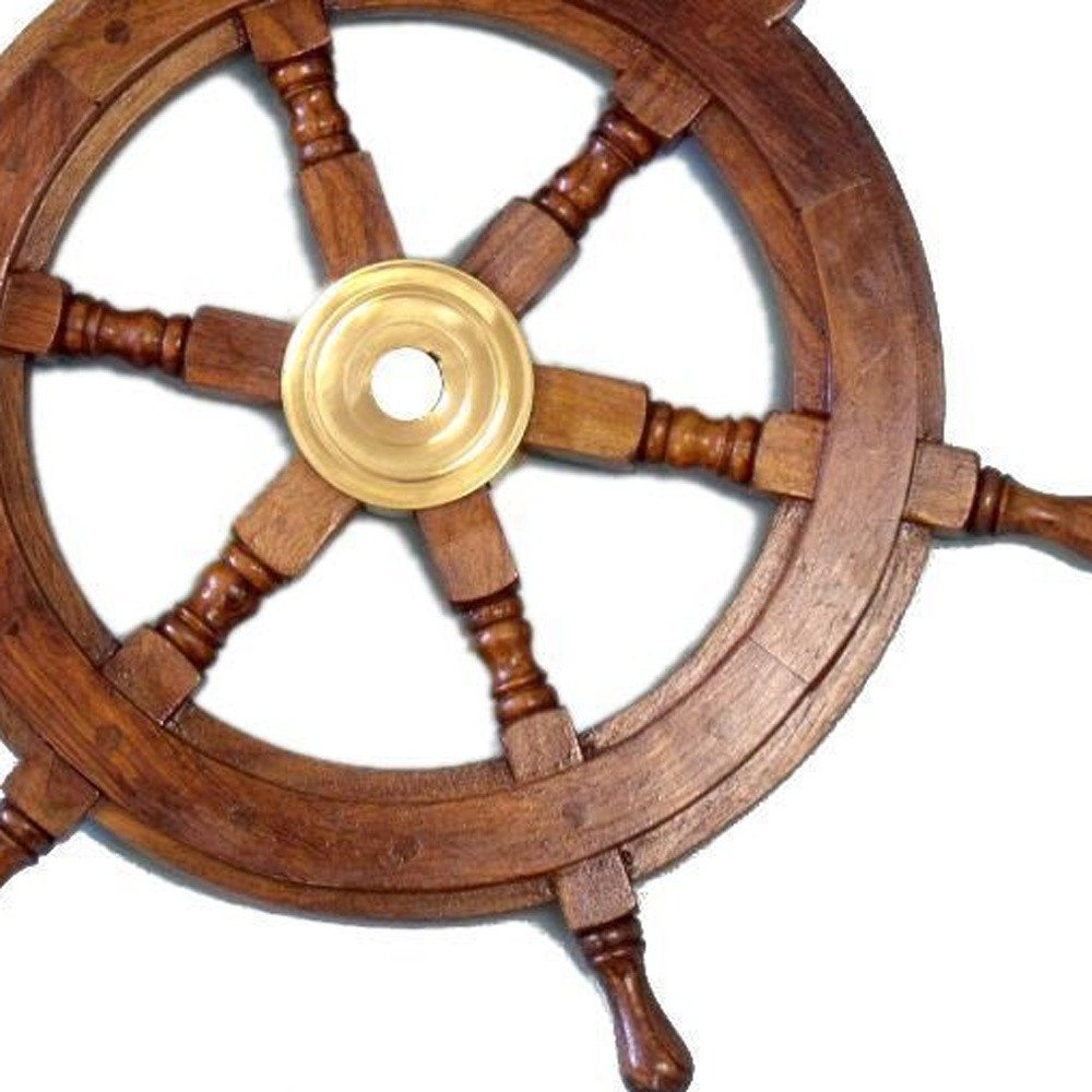24" Brown Solid Wood And Brass Ships Wheel Hanging Dimensional Sculpture HomeRoots