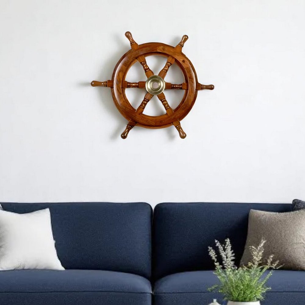 24" Brown Solid Wood And Brass Ships Wheel Hanging Dimensional Sculpture HomeRoots