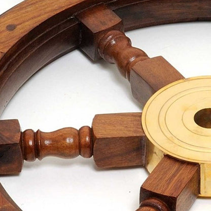 36" Brown Solid Wood And Brass Ships Wheel Hanging Dimensional Sculpture HomeRoots