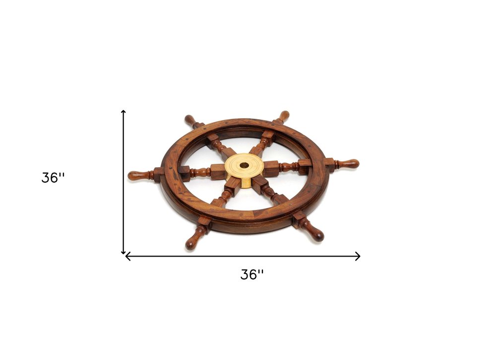 36" Brown Solid Wood And Brass Ships Wheel Hanging Dimensional Sculpture HomeRoots