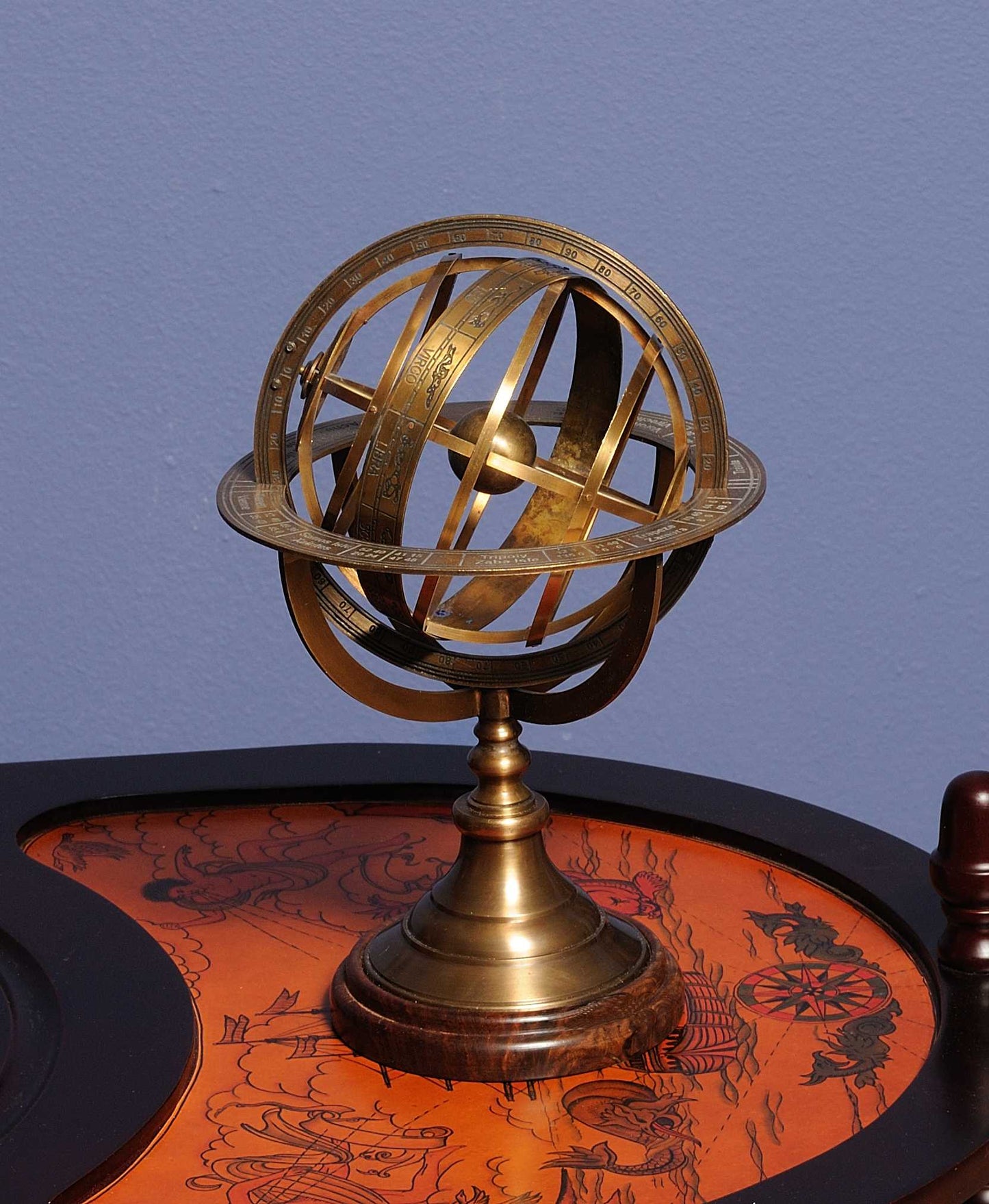 7" X 7" X 11.5" Armillary Sphere On Wood Base