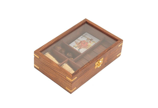 5.25" X 8" X 2.5" Wooden Game Set With Brass Goblet HomeRoots