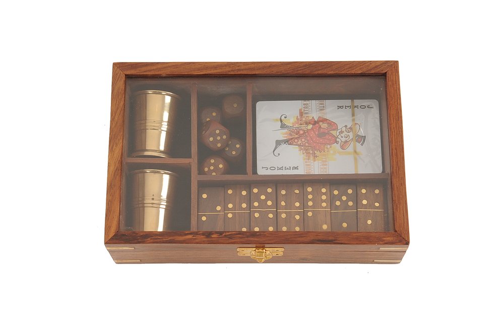5.25" X 8" X 2.5" Wooden Game Set With Brass Goblet HomeRoots