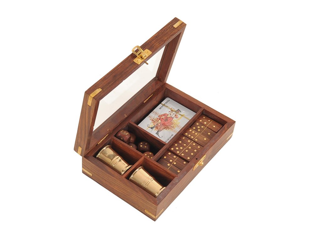 5.25" X 8" X 2.5" Wooden Game Set With Brass Goblet HomeRoots
