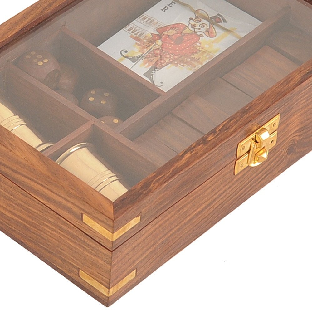 5.25" X 8" X 2.5" Wooden Game Set With Brass Goblet HomeRoots