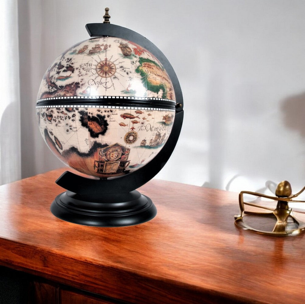 13" Brown And Black World Map Globe Chess Game Set