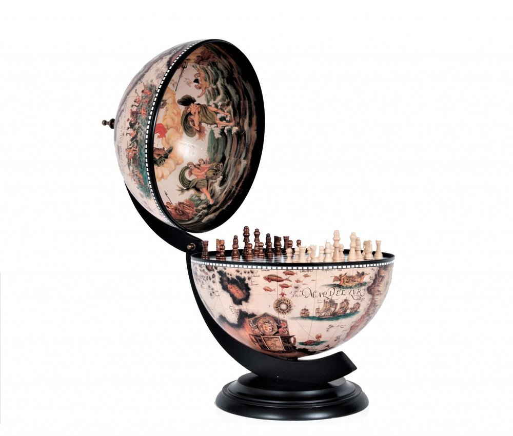 13" Brown And Black World Map Globe Chess Game Set — view 1