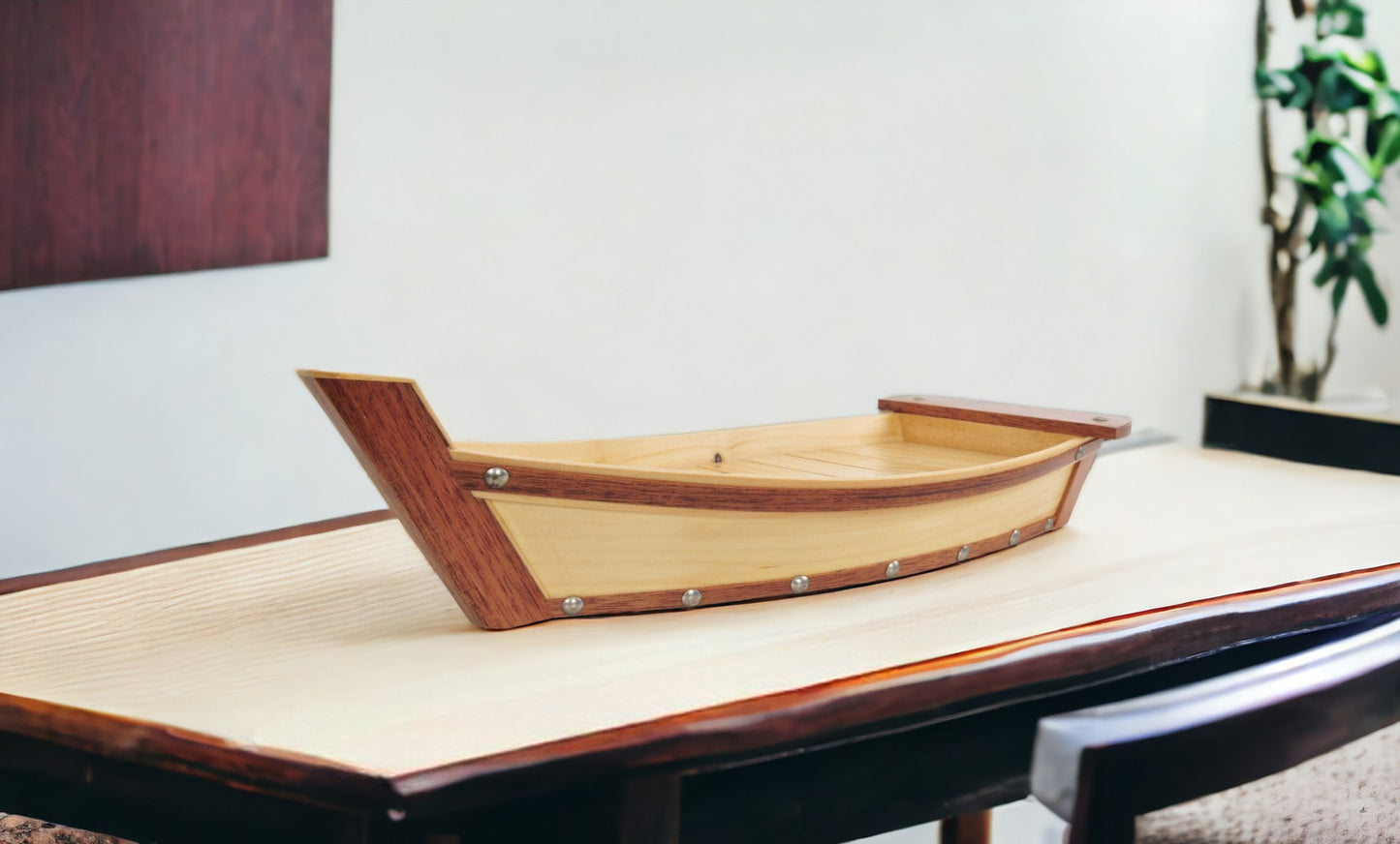 17" Natural and Brown Wood Sushi Boat Serving Tray - FurniFindUSA